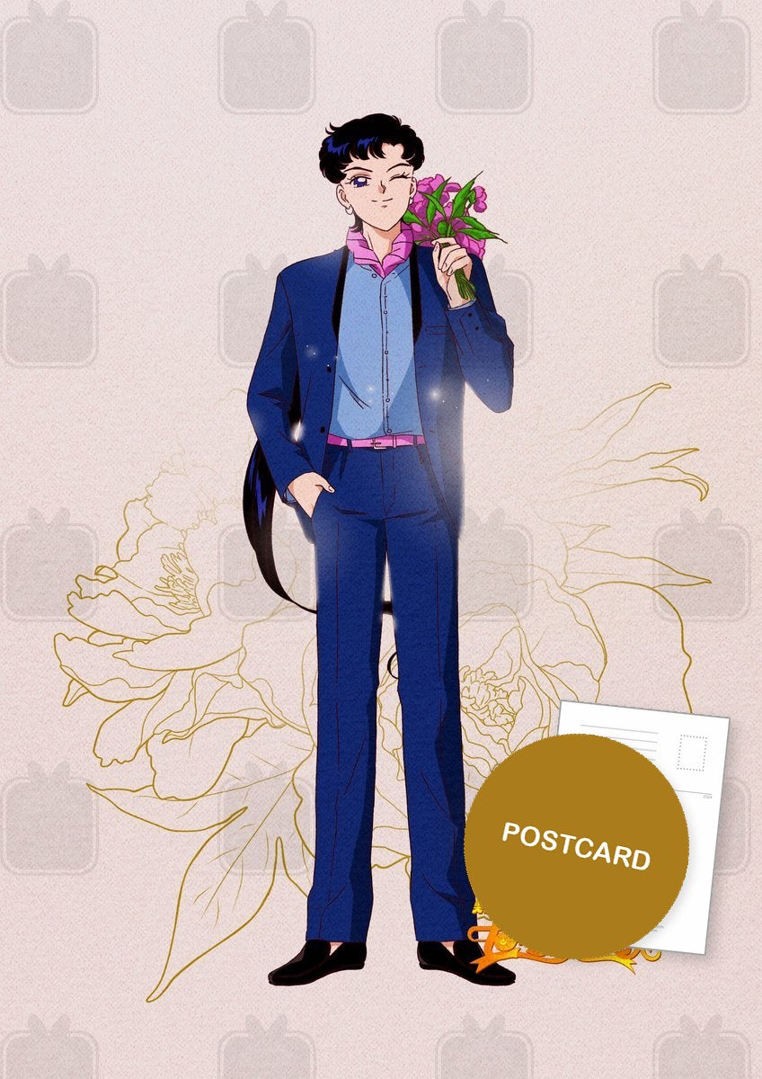 Three Lights: Seiya — Seiya in a blue suit with a bouquet of flowers, digital fan art postcard by Valery ASH, 2020
