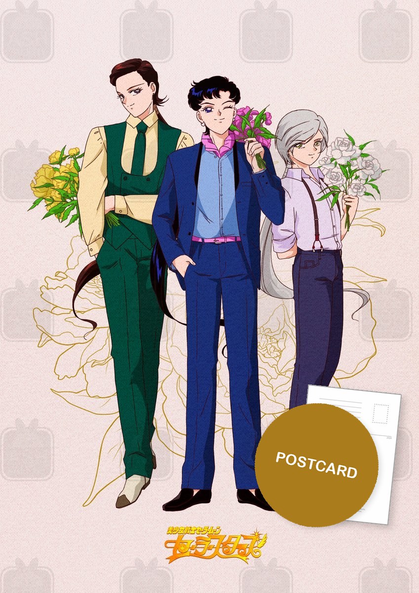 Three Lights: Together — Taiki, Seiya and Yaten together in suits with bouquets, digital fan art postcard by Valery ASH, 2021