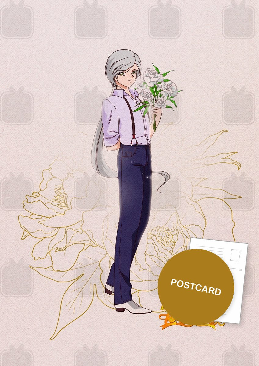Three Lights: Yaten — Yaten in a lilac shirt with a bouquet of lilies, digital fan art postcard by Valery ASH, 2020
