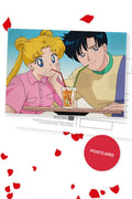 Two Straws — Usagi and Mamoru sharing one iced drink through two straws at a cafe table, digital fan art postcard by Valery ASH, 2025