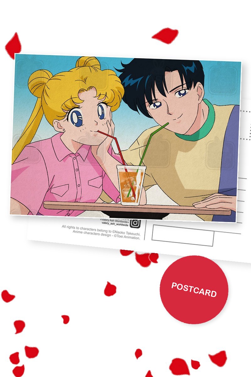Two Straws — Usagi and Mamoru sharing one iced drink through two straws at a cafe table, digital fan art postcard by Valery ASH, 2025