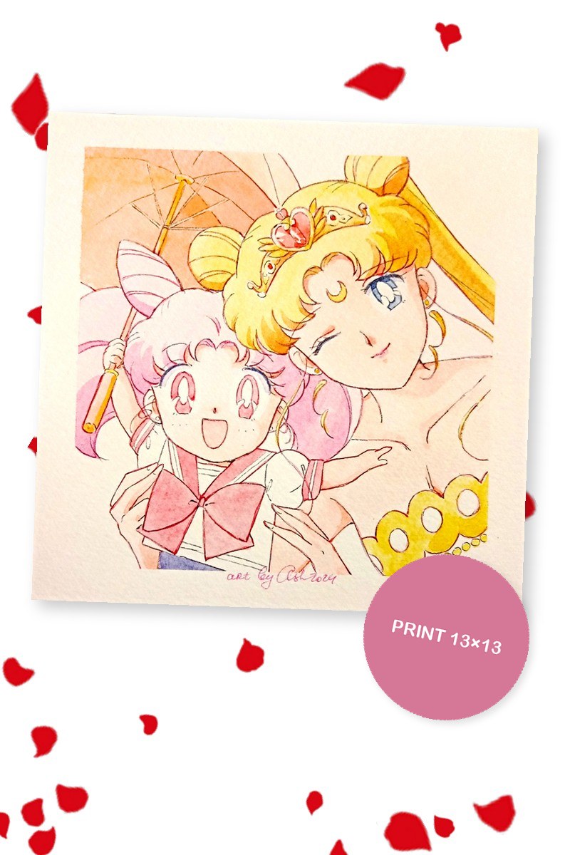Usagi with a tiara and Sailor Chibi Moon under a parasol
