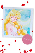 Princess Serenity with loose golden hair under a crescent moon