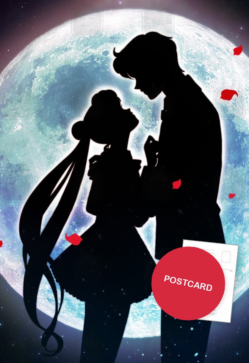 Under the Full Moon — silhouettes of Usagi and Mamoru against a huge full moon, digital fan art postcard by Valery ASH, 2024