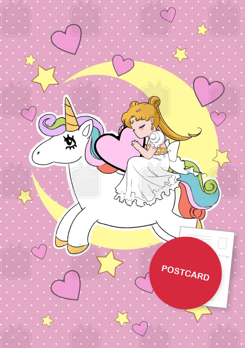 Unicorn Dreams — chibi Usagi riding a rainbow unicorn across a crescent moon among hearts and stars, digital fan art postcard by Valery ASH, 2020