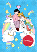 Unicorn Ride — chibi Mamoru and Usagi riding a rainbow unicorn among clouds, stars and a heart, digital fan art postcard by Valery ASH, 2020