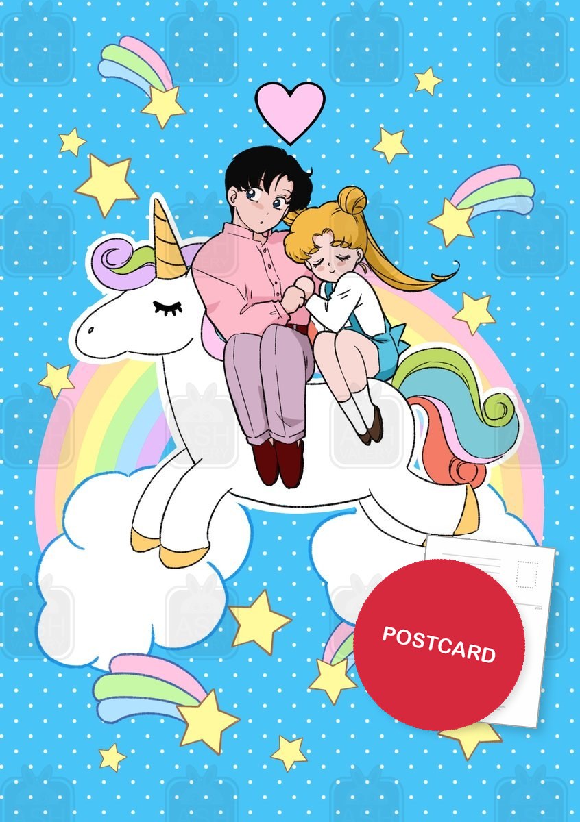Unicorn Ride — chibi Mamoru and Usagi riding a rainbow unicorn among clouds, stars and a heart, digital fan art postcard by Valery ASH, 2020