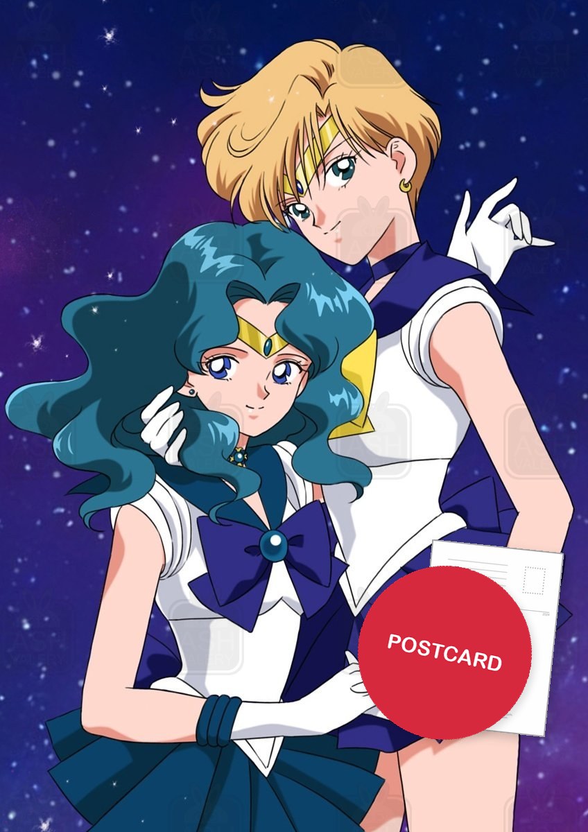 Uranus and Neptune — Sailor Uranus embracing Sailor Neptune under the stars, digital fan art postcard by Valery ASH, 2022