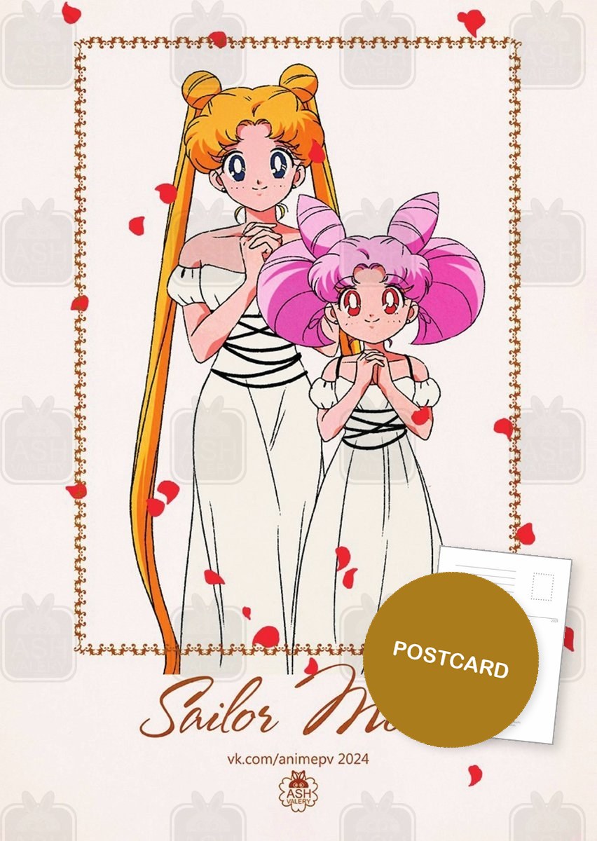 Usagi and Chibiusa in white dresses with falling rose petals, Sailor Moon frame