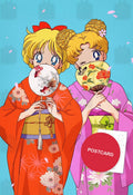 Usagi and Minako in Kimono — Usagi and Minako in bright festive kimonos holding paper fans, digital fan art postcard by Valery ASH, 2023