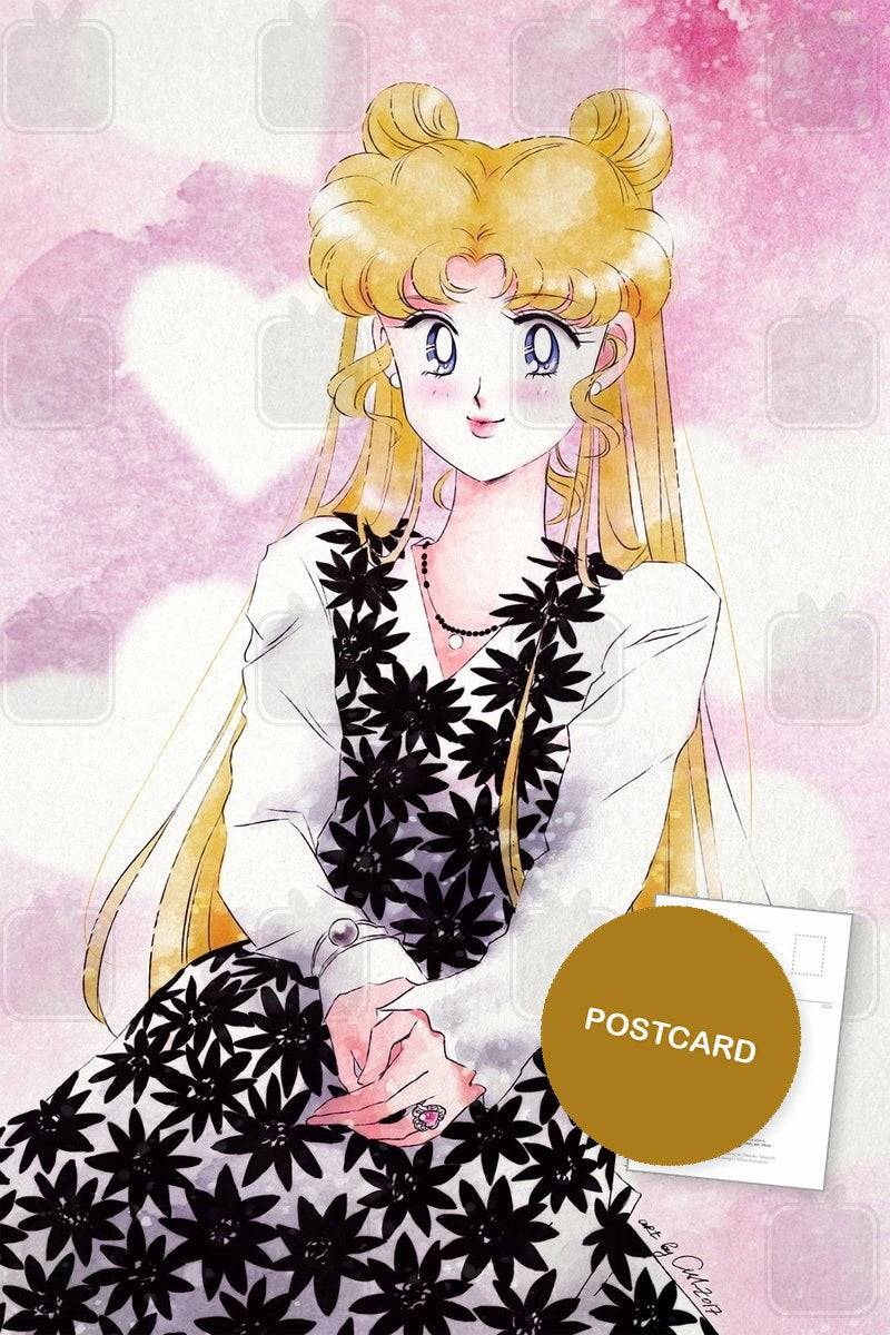 Usagi in a Flower Dress — Usagi in a black and white flower dress against pink hearts, digital fan art postcard by Valery ASH, 2019