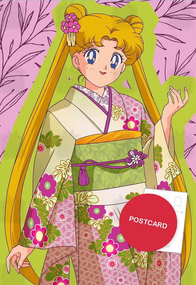 Usagi in Kimono — Usagi in a pink floral kimono, digital fan art postcard by Valery ASH, 2024