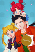 Usagi, Seiya and Chibi Chibi — Usagi, Seiya with sunglasses and Chibi Chibi together among petals, digital fan art postcard by Valery ASH, 2024