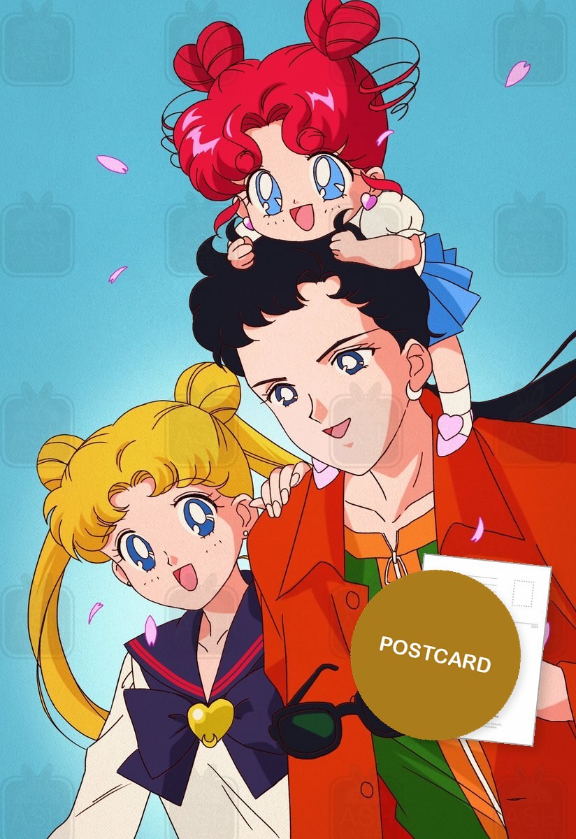 Usagi, Seiya and Chibi Chibi — Usagi, Seiya with sunglasses and Chibi Chibi together among petals, digital fan art postcard by Valery ASH, 2024