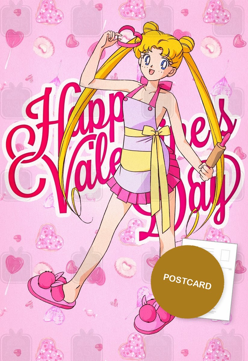 Valentine in Pajamas — Usagi in pajamas and bunny slippers with Happy Valentine's Day lettering, digital fan art postcard by Valery ASH, 2024