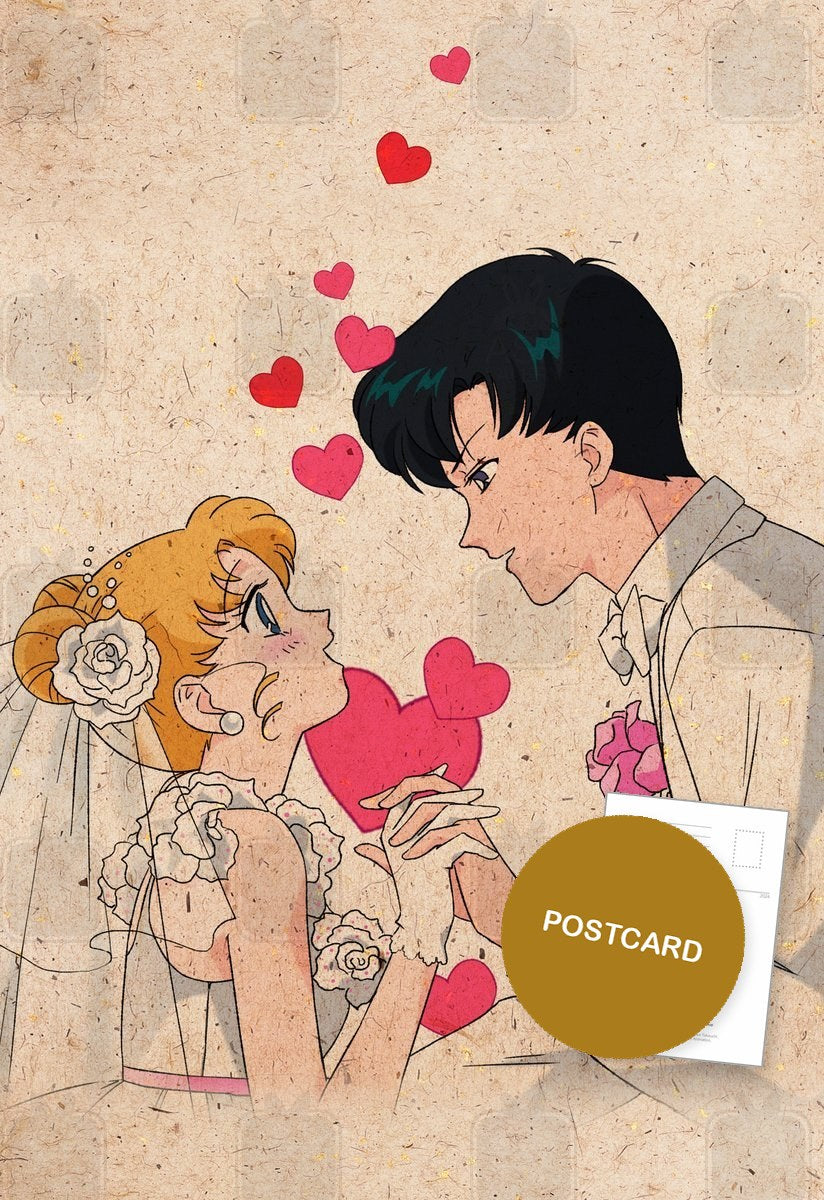 Vintage Valentine — Usagi and Mamoru among floating hearts on vintage paper, digital fan art postcard by Valery ASH, 2026