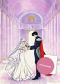 Princess Serenity in a white gown and Prince Endymion in a red-lined cape holding hands in a lilac palace hall