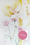 Whisper of Flowers — Serenity with closed eyes leaning over pink cosmos flowers, watercolour fan art postcard by Valery ASH, 2017