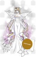 White Queen — Neo-Queen Serenity with angel wings in a flowing white gown among flowers, digital fan art postcard by Valery ASH, 2016