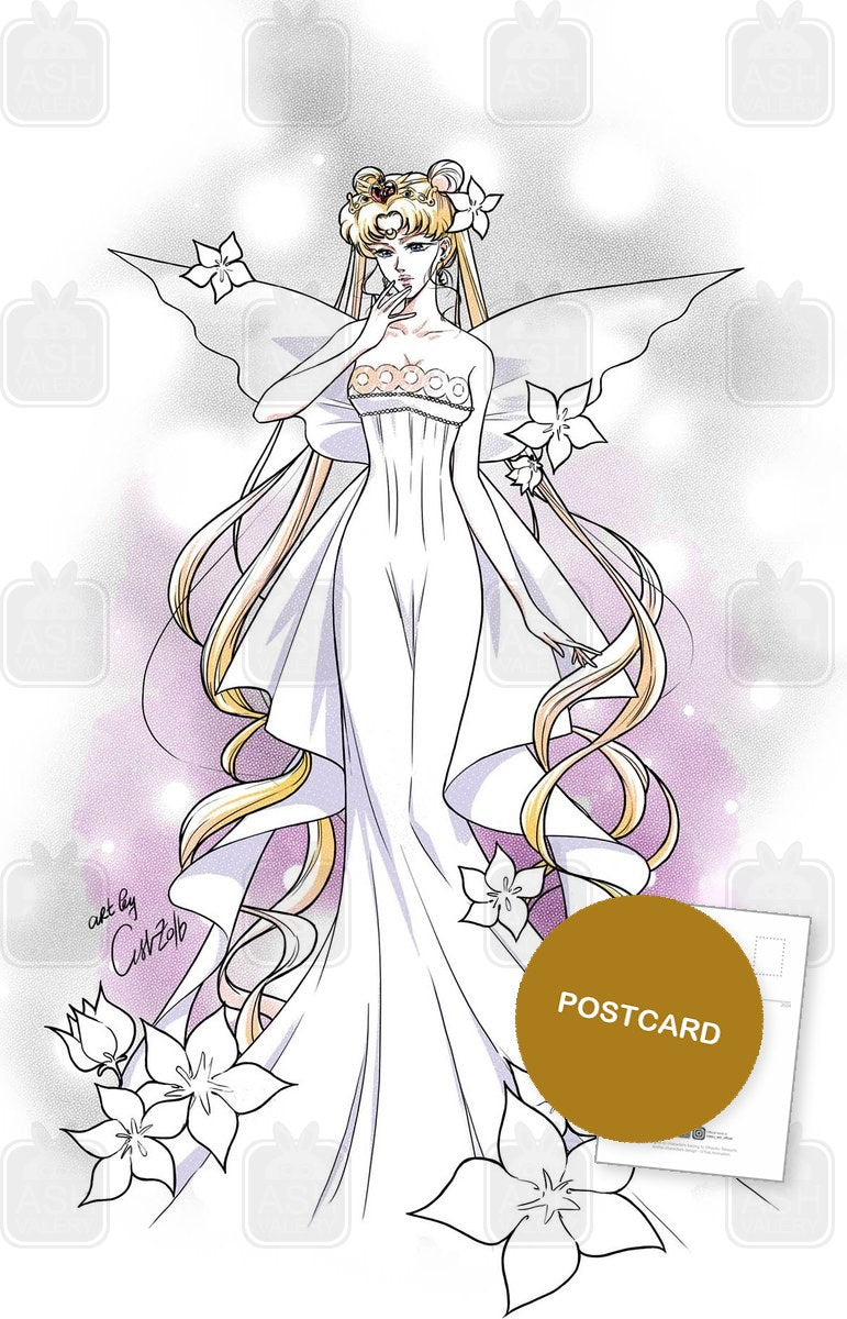 White Queen — Neo-Queen Serenity with angel wings in a flowing white gown among flowers, digital fan art postcard by Valery ASH, 2016