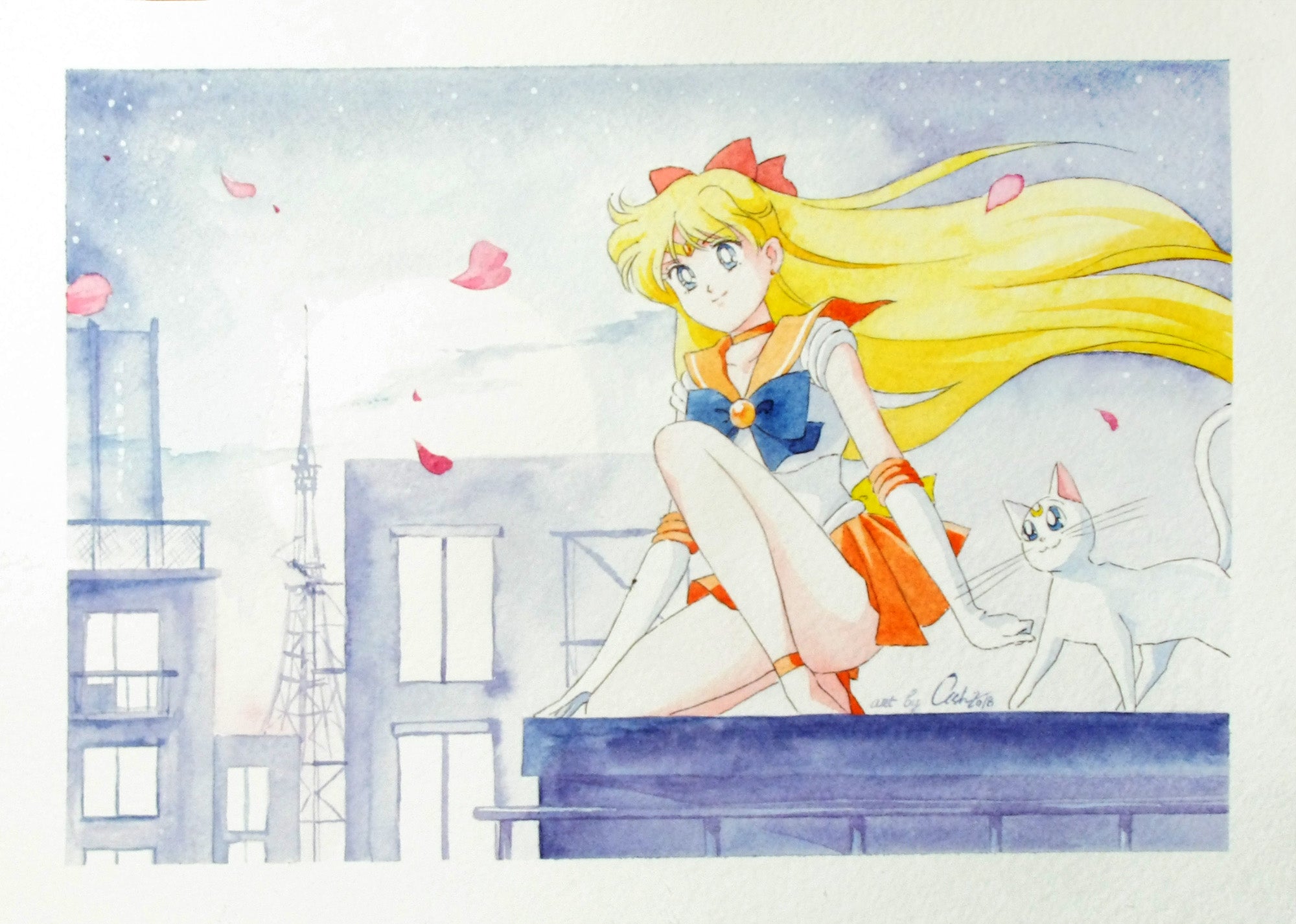 "She and her cat" by Valery ASH, 2018. Watercolour print